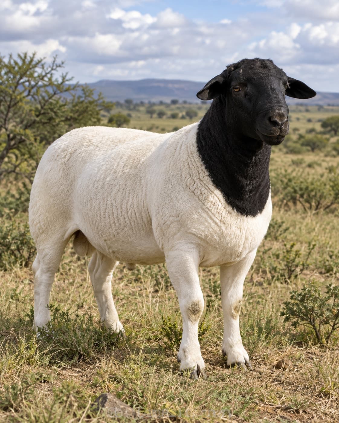 A Dorper ram, black head and white body, standing in dry bushland under a cloudy sky.